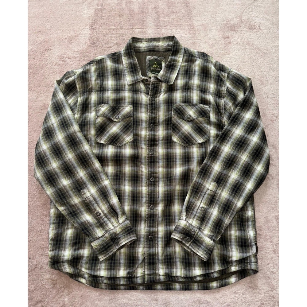 Prana Asylum Flannel Shirt Men's Green Plaid‎ Lined Hiking Size 2XL